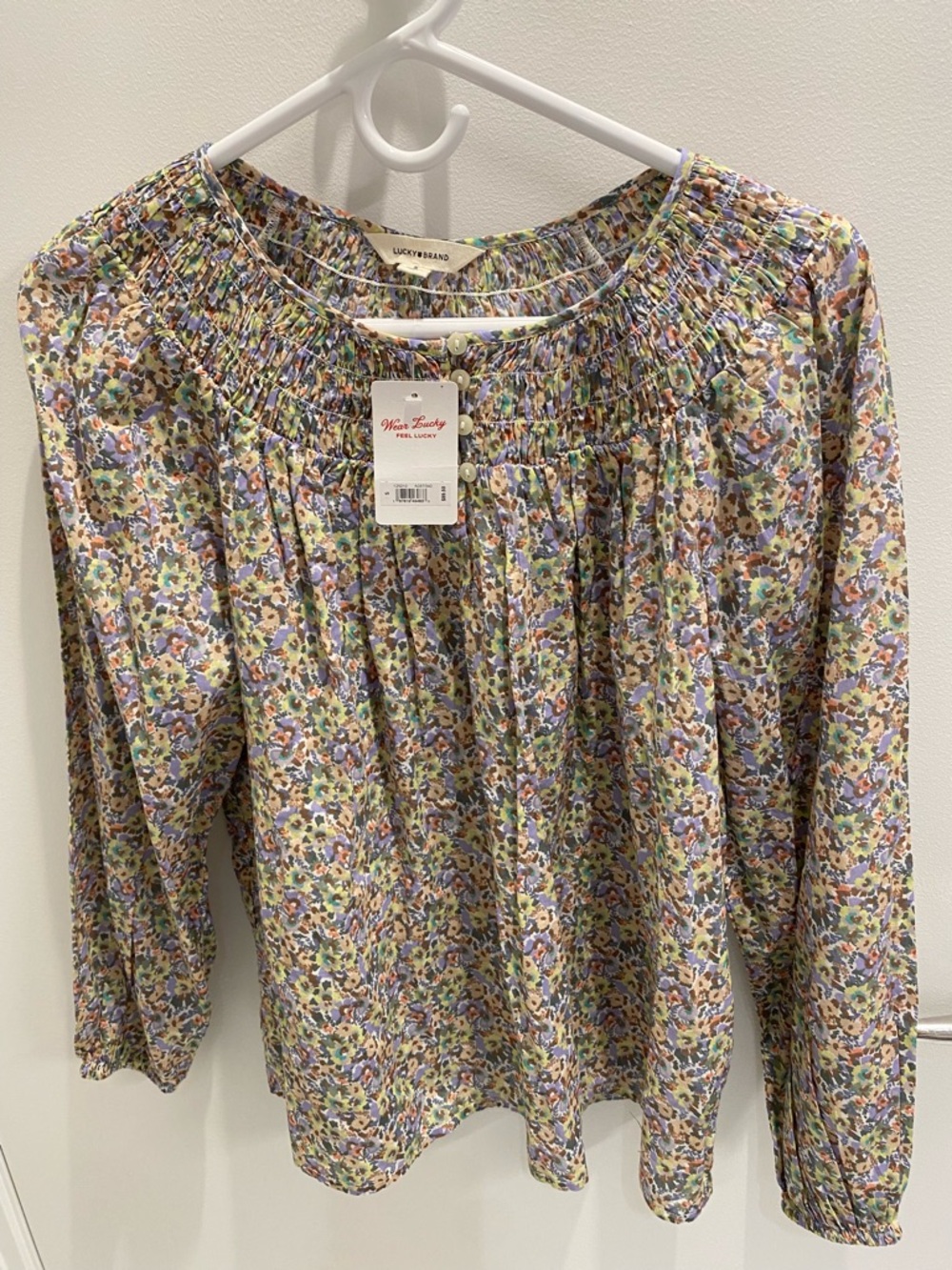 Lucky Brand floral smocked yoke peasant top , 100% cotton, size S, NWT.